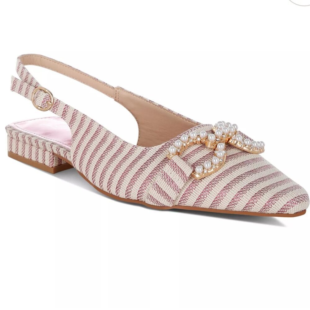 London Rag NWOT SZ7 Crina Pearl Horsebit Pink Striped Slingback Dressy Coquette